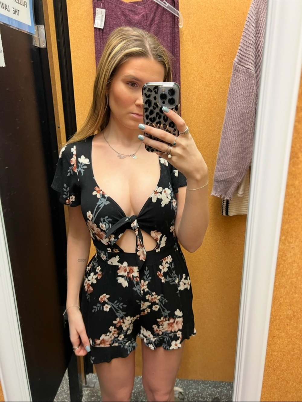 Black Floral Tie-Front Romper - Picture 2 of 6